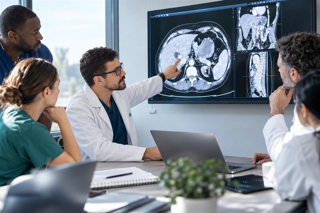 Dr. Thiago Ribeiro apresentando exames de imagem a uma equipe médica