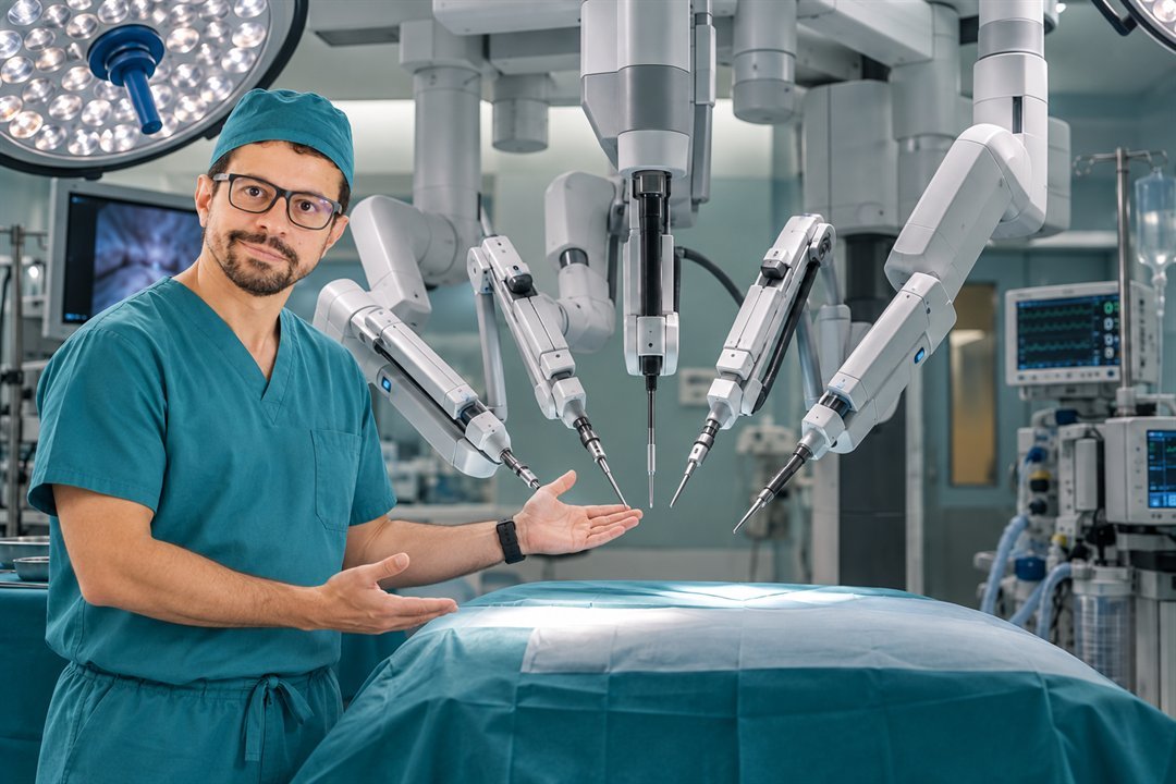 Dr. Thiago Ribeiro apresentando um sistema de cirurgia robótica