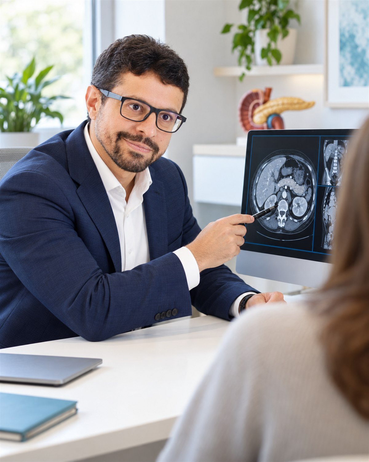 Dr. Thiago Ribeiro explicando um exame durante a consulta
